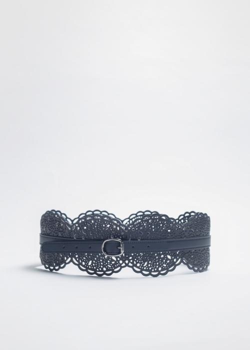 Wide Leather Waist Belt Dark Blue