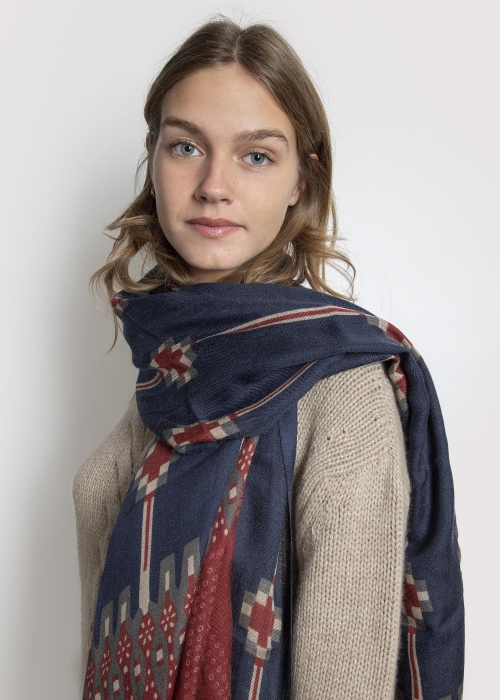 Blue and Red Sampot Cashmere Stole