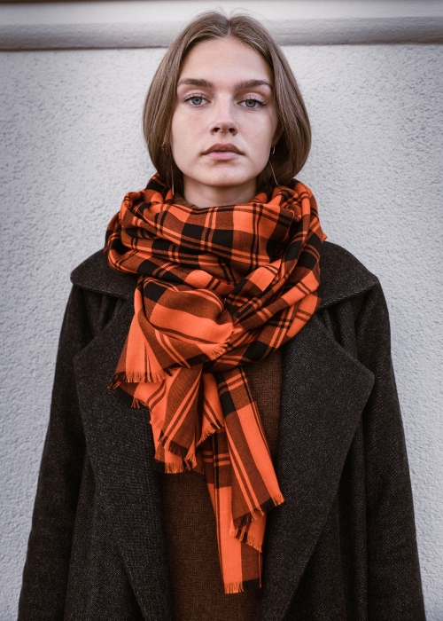 Silk and cashmere tartan scarf - Orange  | Toosh cashmere scarves