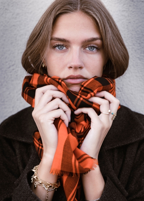 Silk and cashmere tartan scarf - Orange  | Toosh cashmere scarves