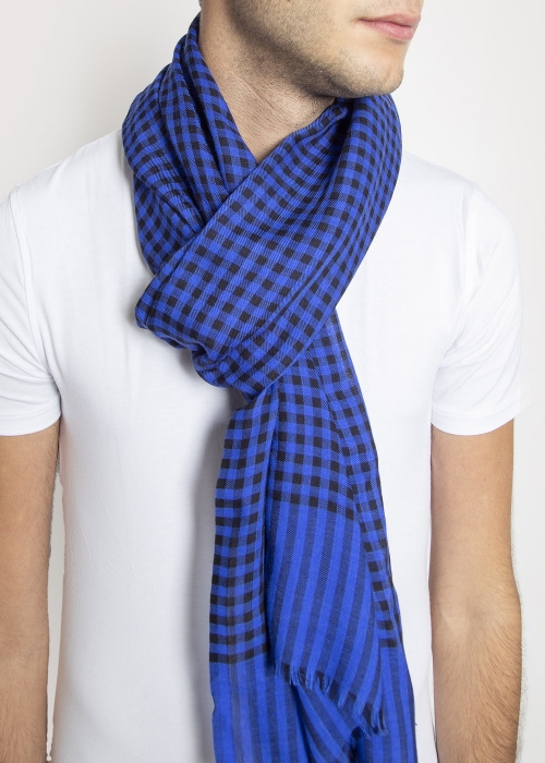 Wool and silk check scarf  - Blue | Toosh men luxury scarves