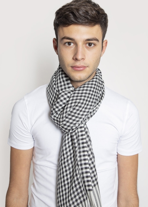 Wool and silk check scarf  - Black and white | Toosh men luxury scarves