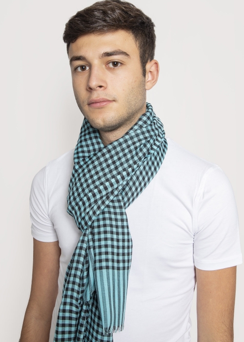 Wool and silk check scarf  - Turquoise | Toosh men luxury scarves