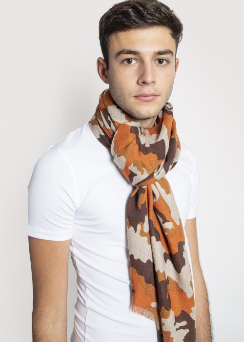 Orange Camouflage Cashmere and Silk Scarf