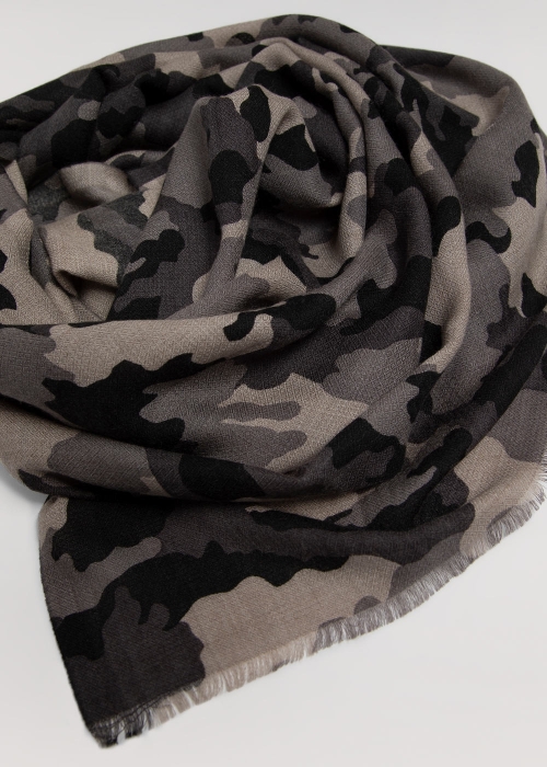 Grey Camouflage Cashmere and Silk Scarf