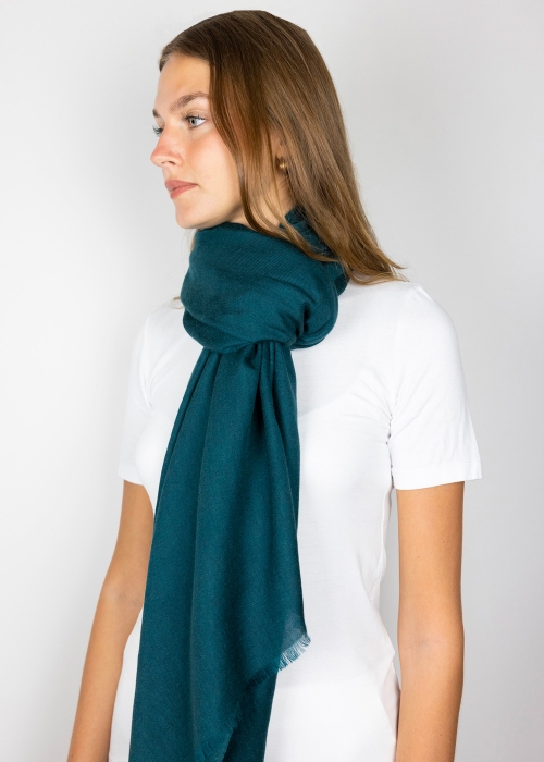 Model wearing Teal cashmere shawl