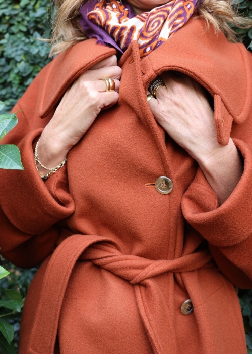 Double breast cashmere woman coat rust orange | Toosh tailored woman coats Milan