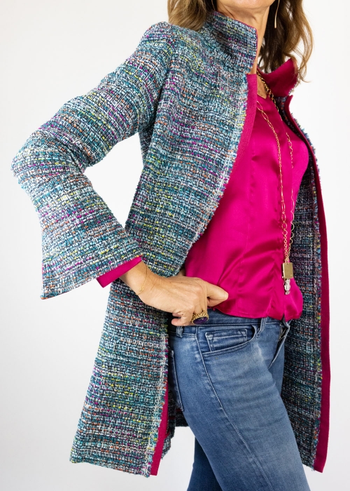 Handcrafted duster coat for woman milan | turquoise chanel duster coat