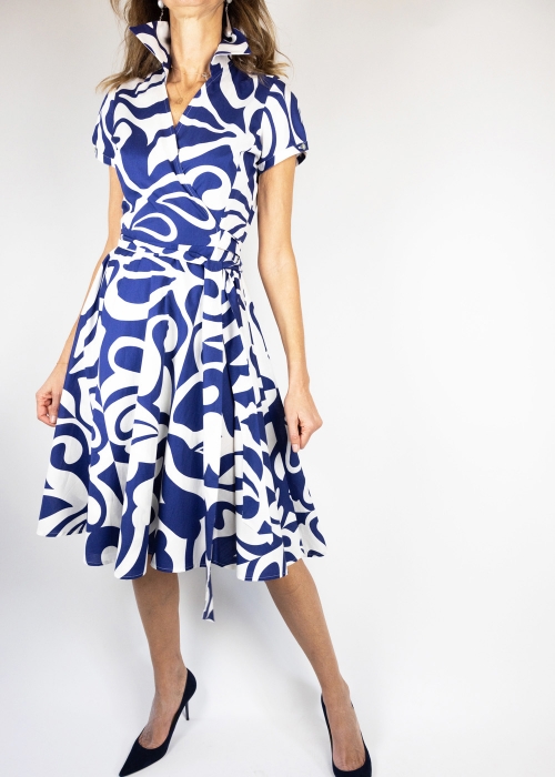 Blue and white print wrap-around dress