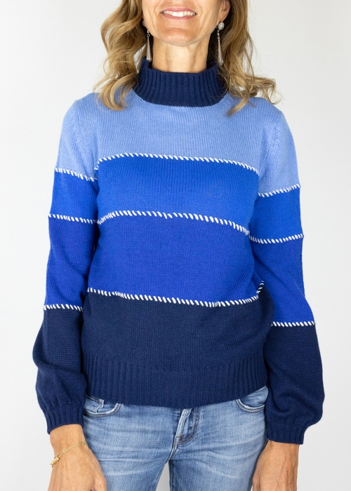Blue Multicolor Allegra Saddle Stitches Sweater