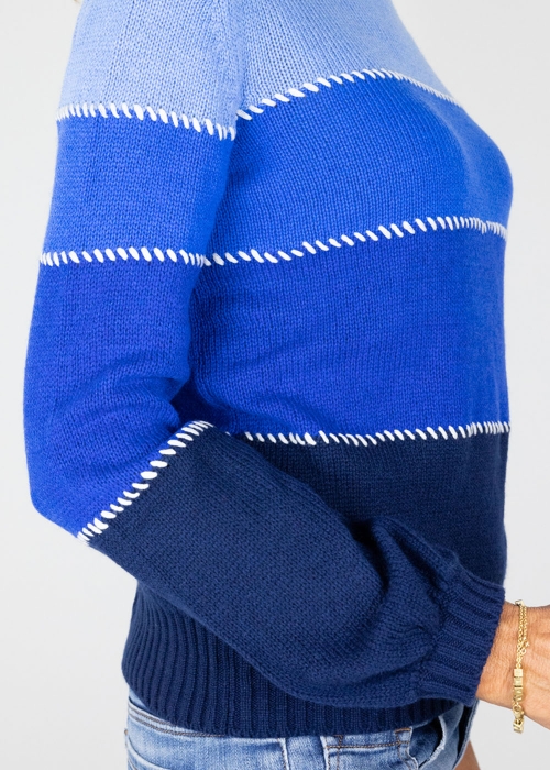 Blue Multicolor Allegra Saddle Stitches Sweater