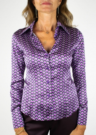 Camicia Classica Stampa Geometrica in Seta Viola