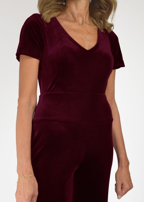 Burgundy V Short Sleeved Velvet Jumpsuit