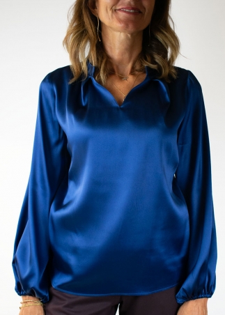 Camicia Fiore Manica a Palloncino in Seta Blu