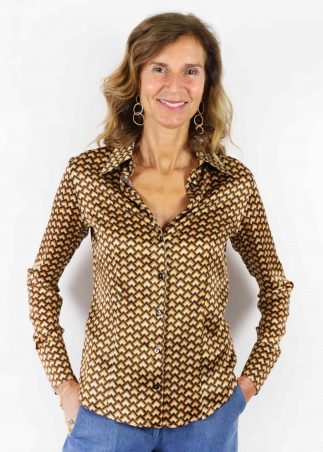 Camicia Classica Stampa Geometrica in Seta Oro