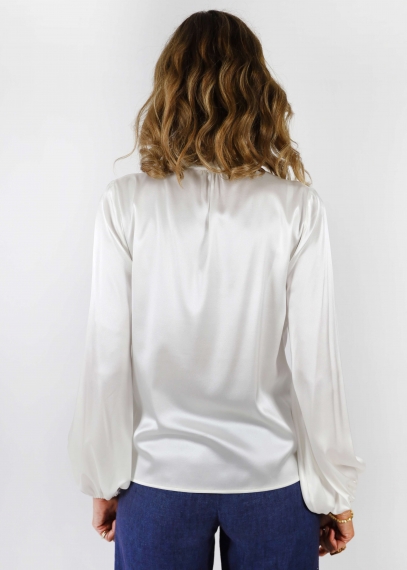 Camicia Fiore Manica a Palloncino in Seta Bianca