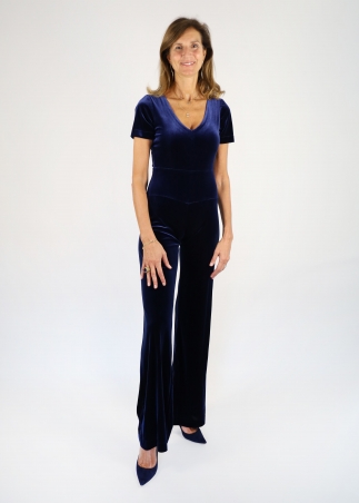 Blue V Short Sleeved Velvet Jumpsuit