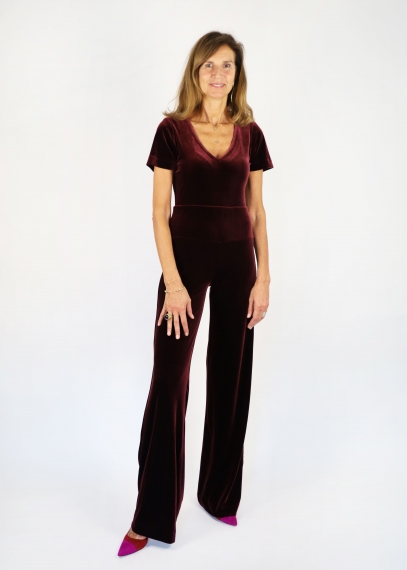 Burgundy V Short Sleeved Velvet Jumpsuit