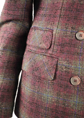 Double-breasted jacket in pure green tartan wool and plum fabric