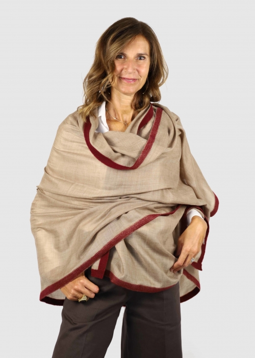Beige Cashmere Stole With Burgundy Ribbon