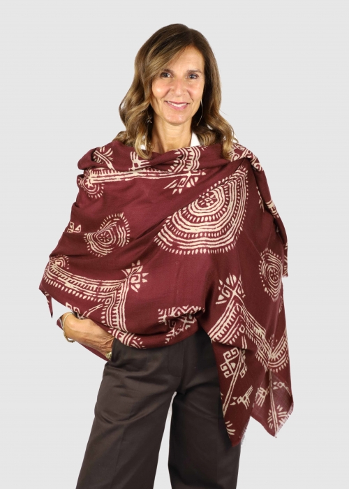 Pure cashmere twill stole with burgundy ethnic...