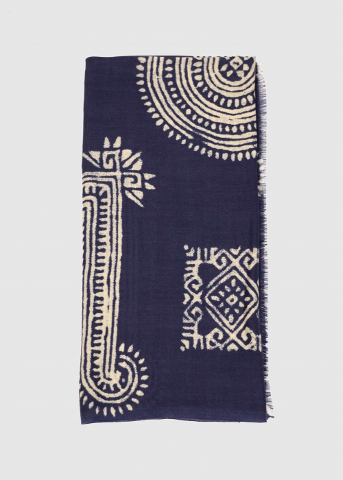 Pure cashmere twill stole with burgundy ethnic...