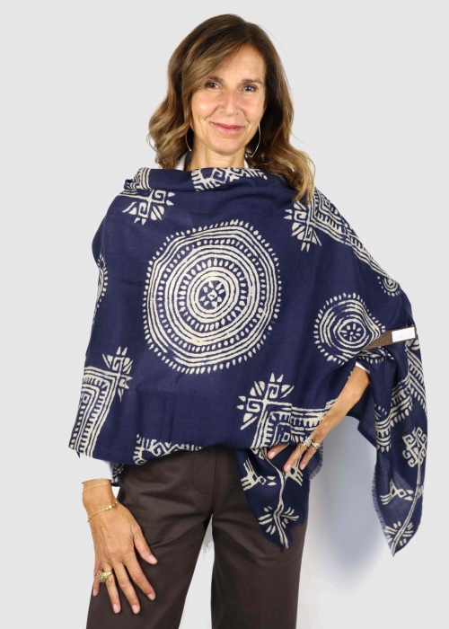 Pure cashmere twill stole with burgundy ethnic...