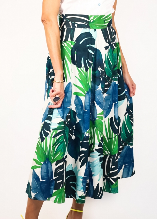 Gonna ruota in cotone con stampa tropicale