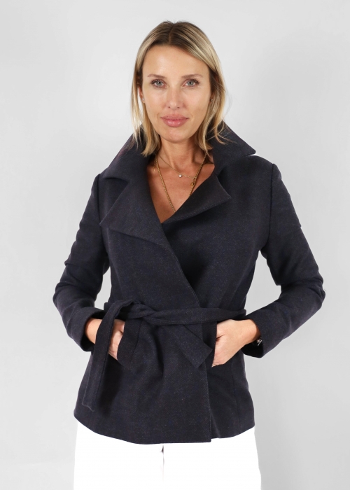 Herringbone Short Coat with Sash