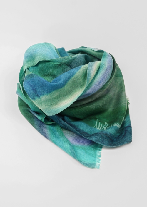 Pure cashmere twill stole with blue and green brushstrokes