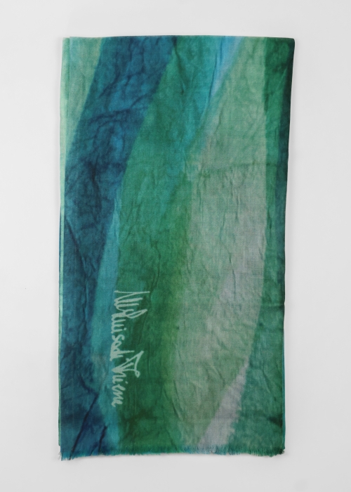 Pure cashmere twill stole with blue and green brushstrokes