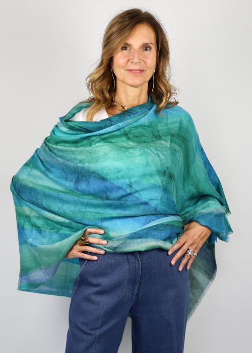 Pure cashmere twill stole with blue and green brushstrokes