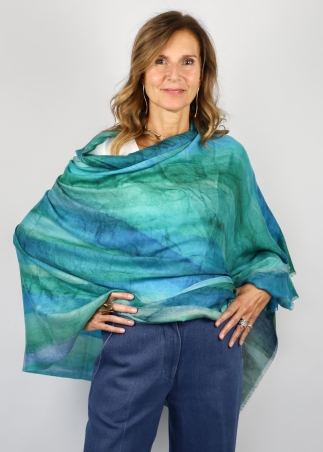 Pure cashmere twill stole with blue and green brushstrokes