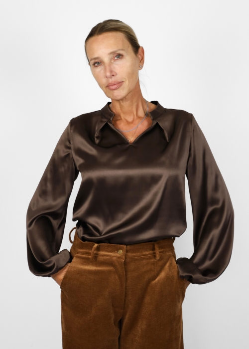 Camicia Fiore Manica a Palloncino in Seta Lucida