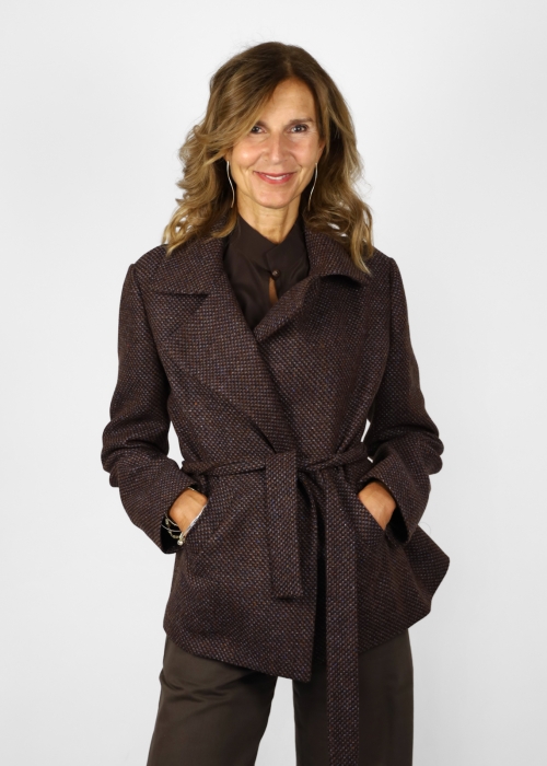 Jacket with belt in pure wool brown and blue partridge eye