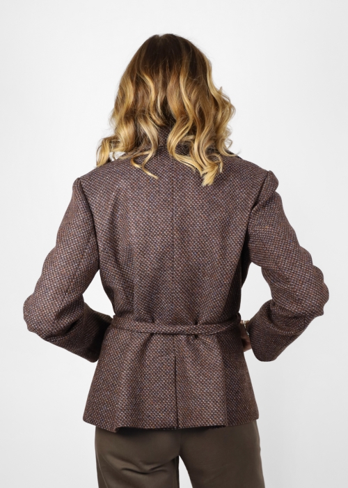 Jacket with belt in pure wool brown and blue partridge eye