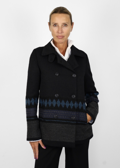 Ruth jacket in black wool blend with blue ethnic pattern panel