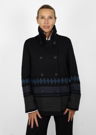Ruth jacket in black wool blend with blue ethnic pattern panel