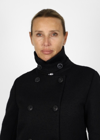 Ruth jacket in black wool blend with blue ethnic pattern panel