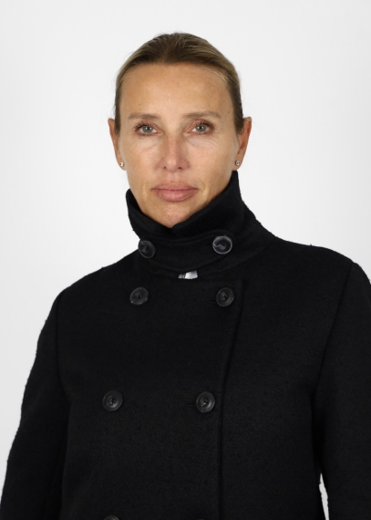 Ruth jacket in black wool blend with blue ethnic pattern panel