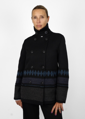 Ruth jacket in black wool blend with blue ethnic pattern panel