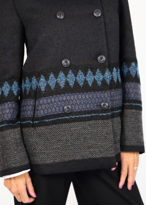 Ruth jacket in black wool blend with blue ethnic pattern panel
