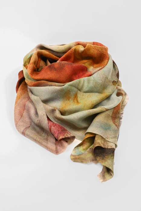Pure cashmere twill stole with green and burgundy brushstrokes