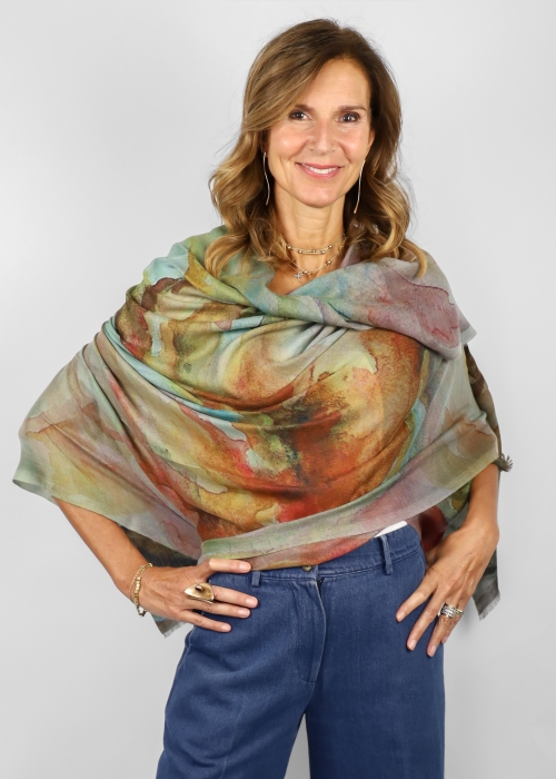 Pure cashmere twill stole with green and burgundy brushstrokes