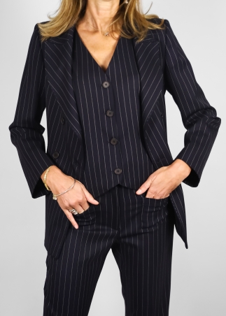 Completo in sallia di lana elasticizzata blu gessato bianco